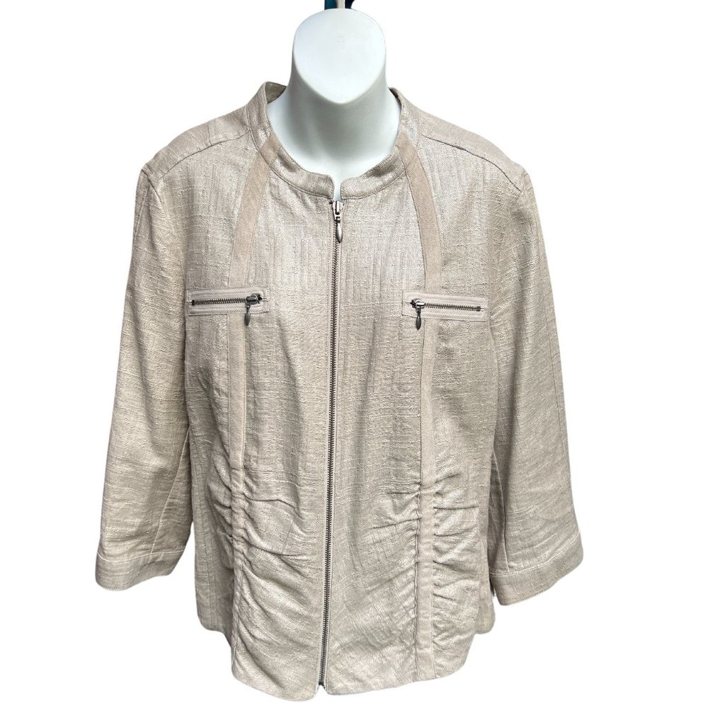 Chico's Metallic Jacket Long Sleeve Zipper Closure Pockets Bomber Piping Tan 3